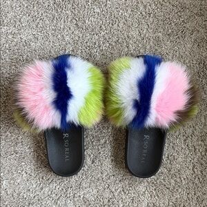 Multicolor Fox Fur Slide Slippers - Pink, Blue, Lime